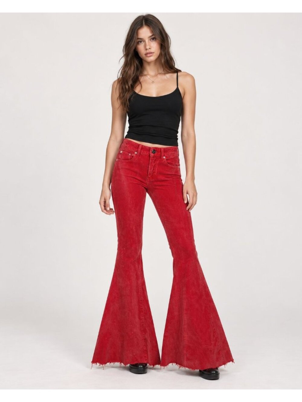 We The Free Twenty-Seven Red Corduroy Wide Flare Pants Lace-Up Back Frayed Hem